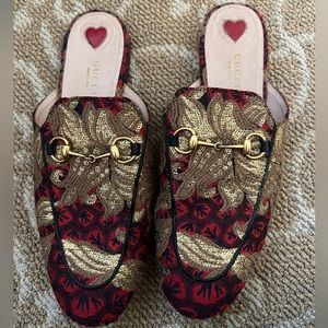 Gucci Princetown Brocade Horsebit Red and Gold Slipper Mules Size US 38 EU 8